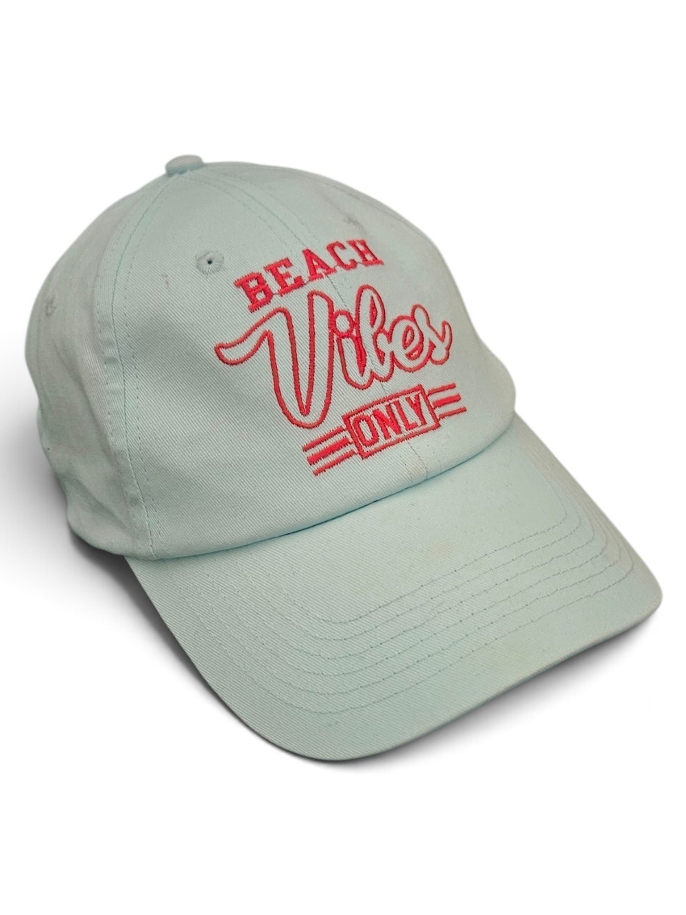 Women’s Light Blue “Beach Vibes Only” Baseball Cap – Red Embroidery